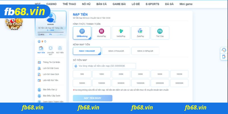 Hướng dẫn nạp tiền vào Fb68 cho người mới tham gia